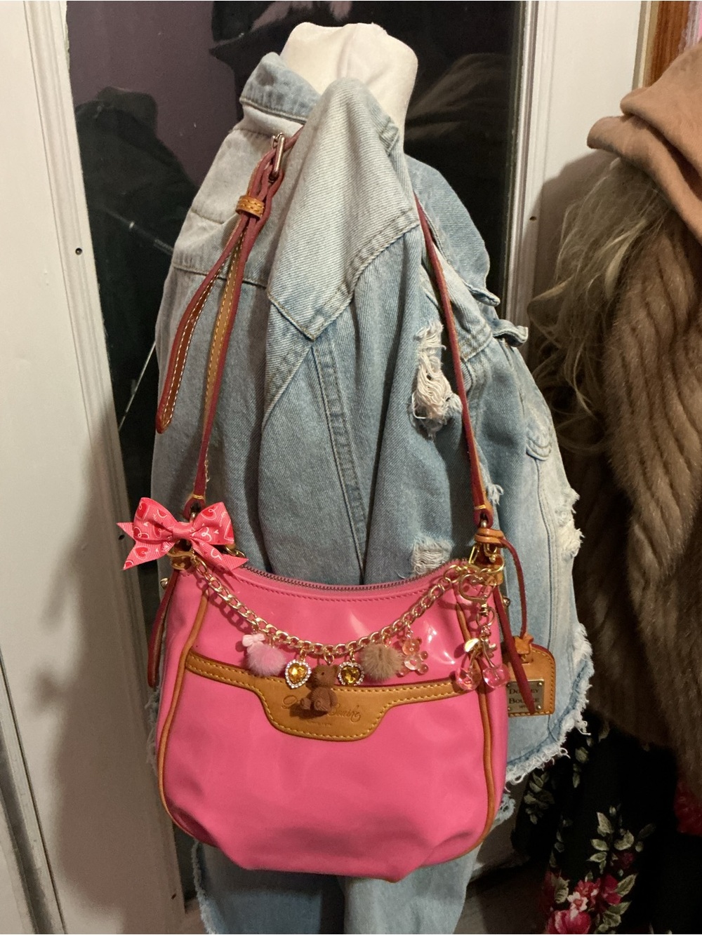 Dooney&bourke Pink Shoulder Bag with Tan Trim and Gold Charm Chain